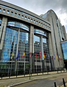 The European Parliament building (Espace Léopold) in Brussels, Belgium.